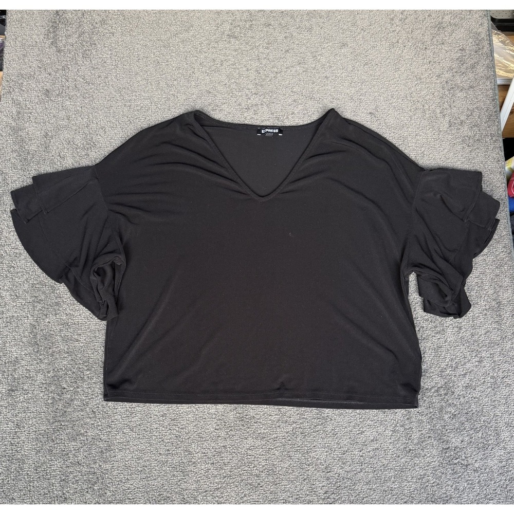 Express Black V-Neck Ruffle Tiered Short Sleeve Blouse Top Small